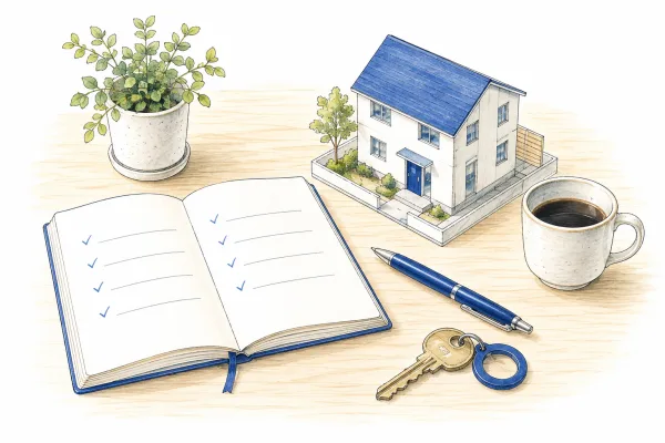 Illustration of a notebook, keys and a small model house