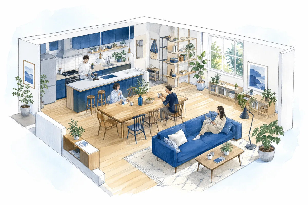 Illustration of people spending time their own way in a shared living room